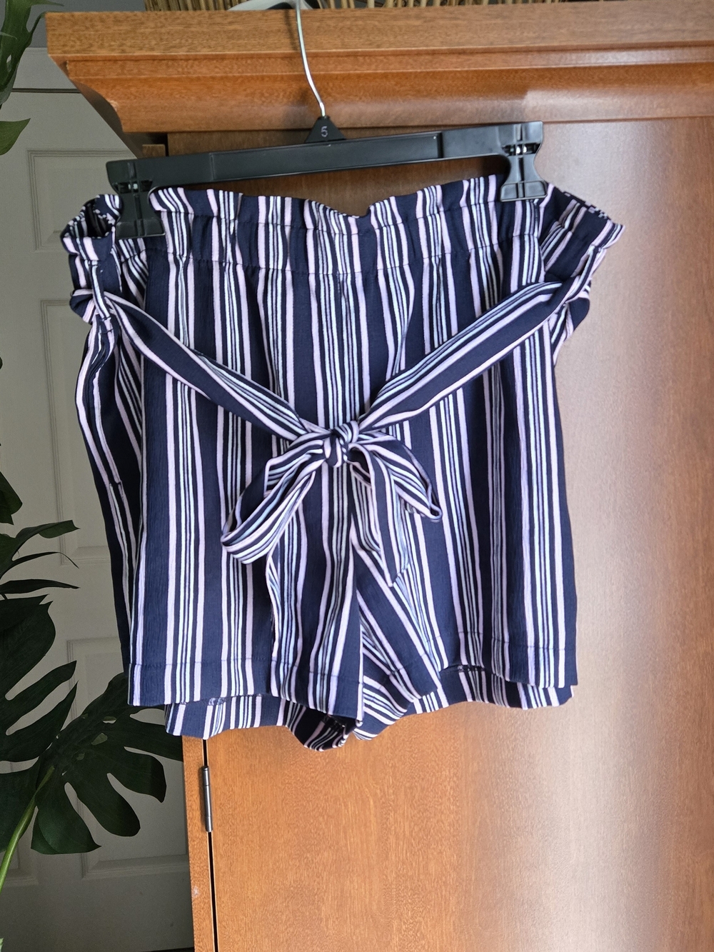 LOFT Navy and Pink Vertical Stripe Paperbag Waist Tie Shorts